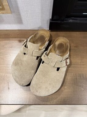 Birkenstock Suede Clog Mules in Beige Tan